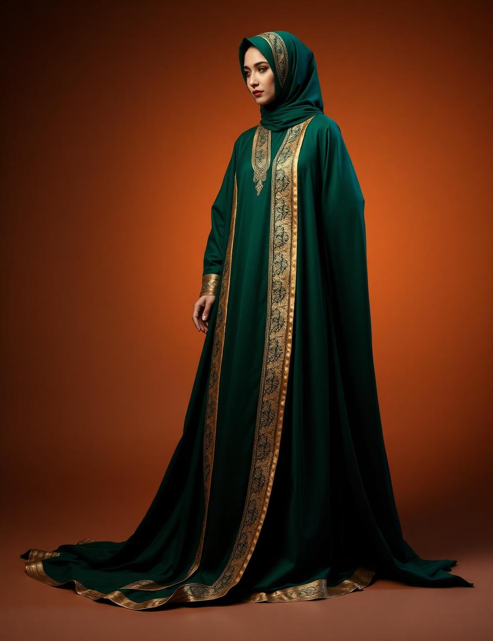 Zumurud — Deep emerald abaya finished with regal gold trim.