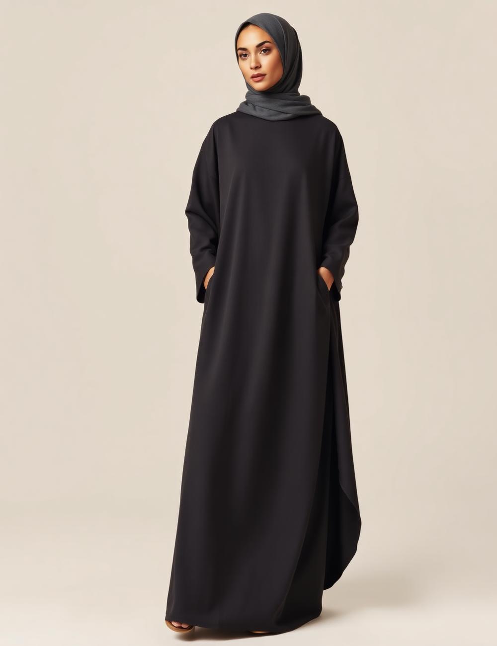 Rida — Minimalist charcoal abaya in fluid, modern draping.