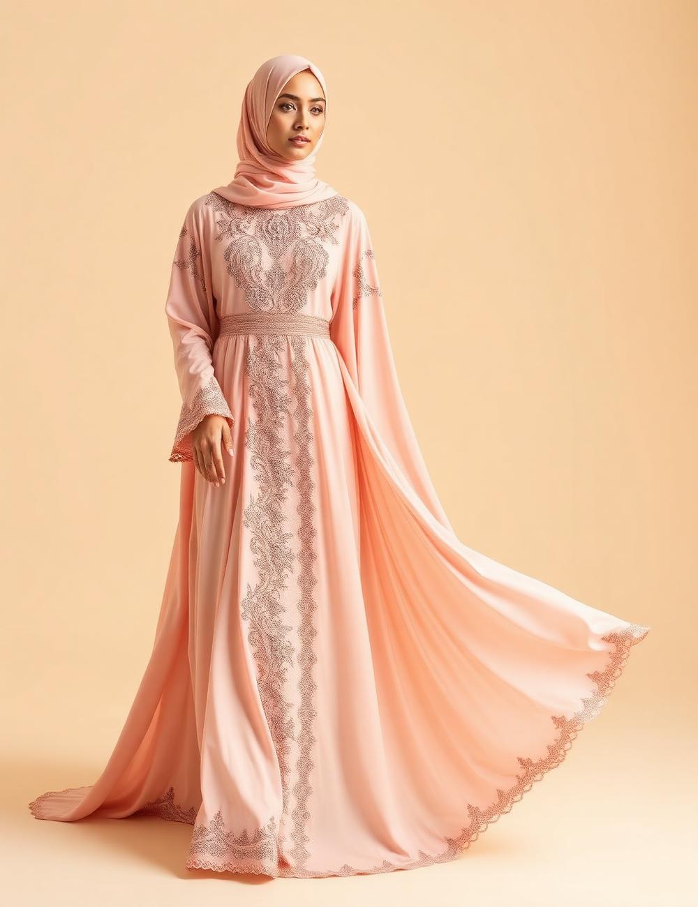 Warda — Blush abaya with delicate beaded vine embellishment.