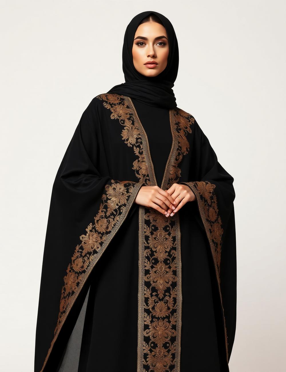 Malika — Statement black abaya with intricate embroidered panels.