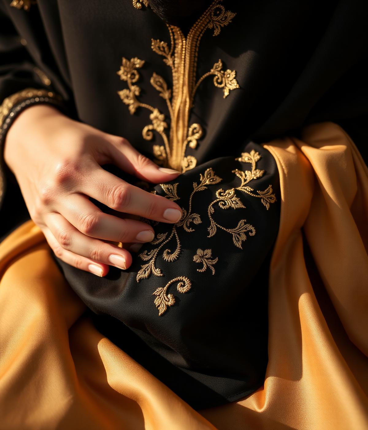 Artisan hand-embroidering gold detail onto a black abaya